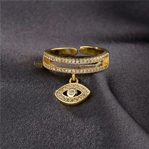 3/$35 Copper Open Ring Double Row Evil Eye Dangle Charm Gold Cubic Zirconia